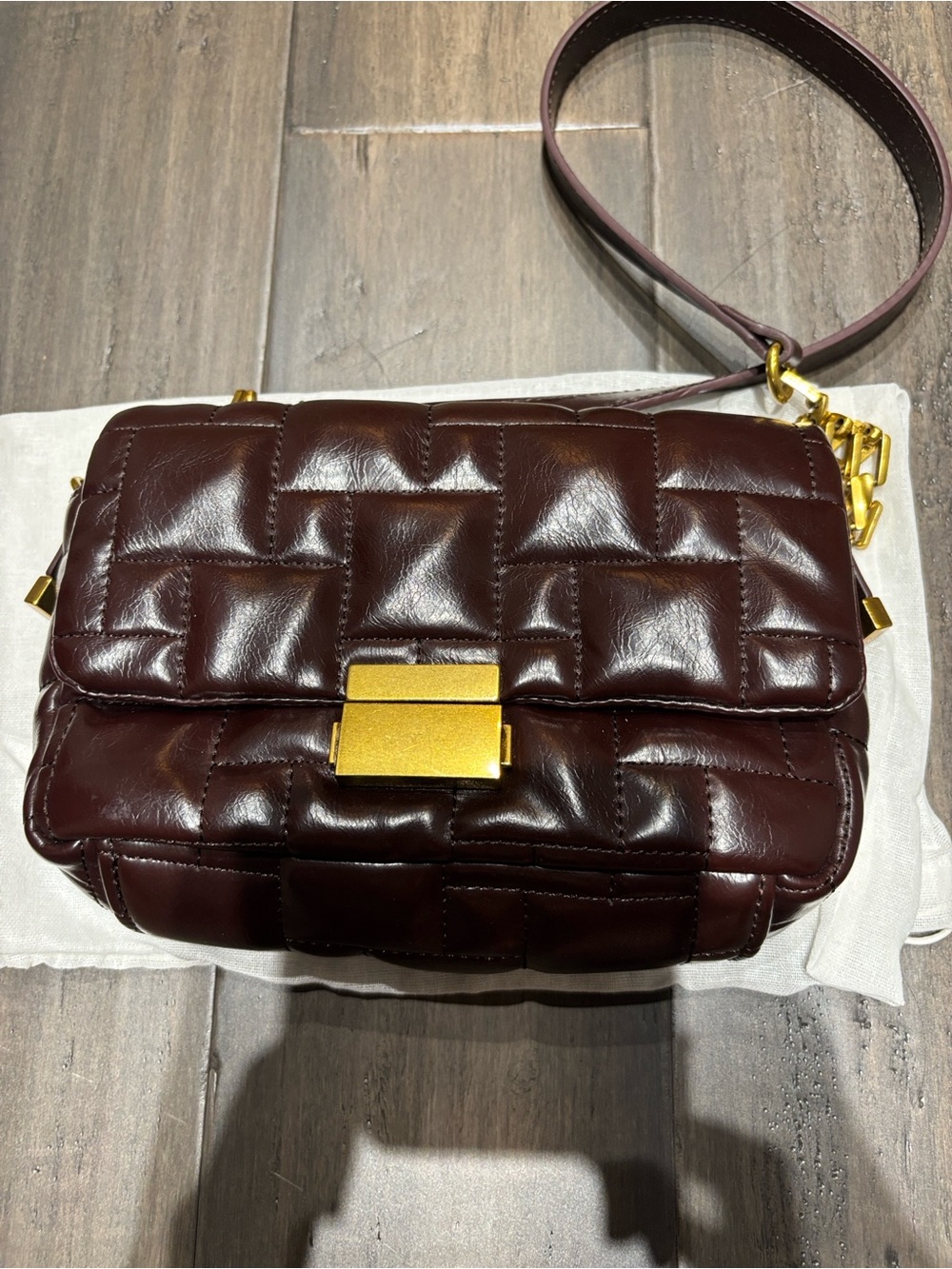 Zara Quilted Shoulder Bag in Deep Wine with Gold Hardware